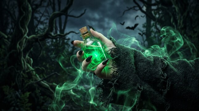 Witch holding glowing potion bottle, Generated image
