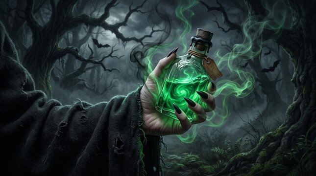 Witch holding glowing potion bottle, Generated image
