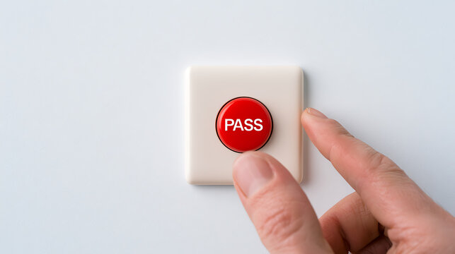 Close-up of a human finger pressing a bright red button with the white word pass on it, conveying success, control, and achievement today