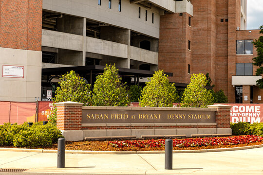 Saban Field at Bryant-Denny Stadium sign at the University of Alabama, home of Alabama Crimson Tide football.