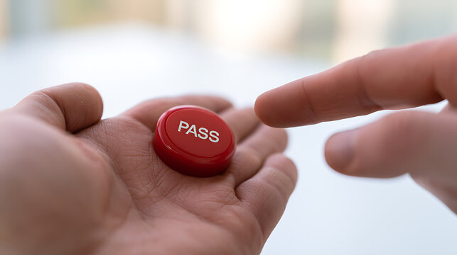 Close-up view of a person hand holding a red button with pass text while another finger point toward it to press for success concept