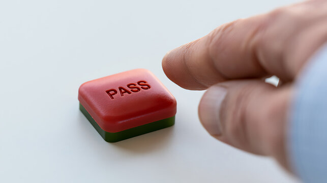 A person hand press a red pass button on a white surface to show success, approval, achievement, quality control, test result, and exam