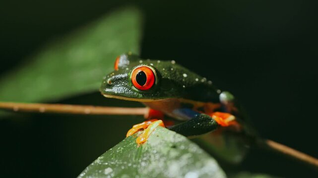 Red-eyed tree frog resting on wet green leaf in a tropical jungle
