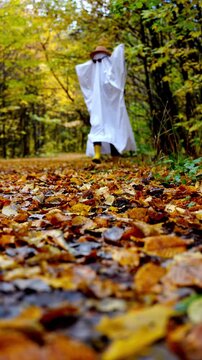A playful ghost figure draped in a white sheet, wearing a tan hat and dark sunglasses, standing among trees covered with yellow fall leaves in a wooded park