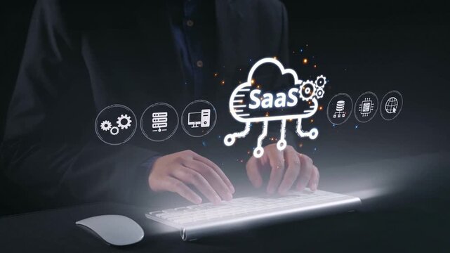 Visual representation of SaaS showing infrastructure, SaaS deployment, SaaS platform features, and SaaS integration model in digital environment. Elide