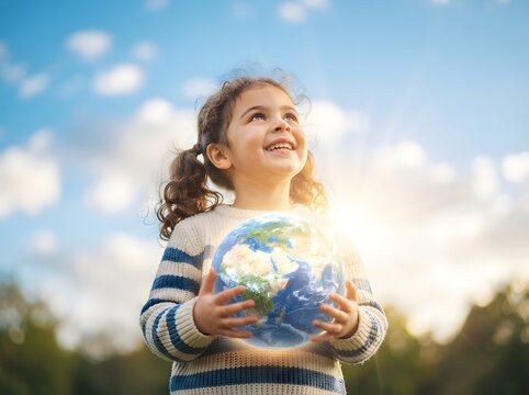Young girl holding a glowing earth globe looking up with hope and wonder