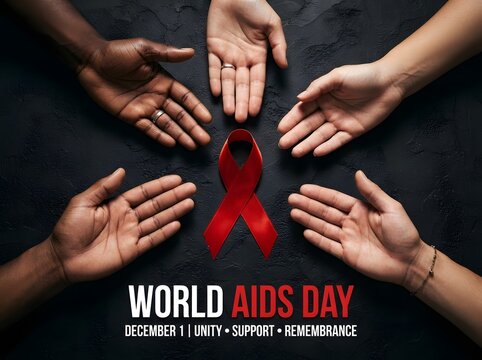 Hands reaching towards a red ribbon symbolizing support for world aids day awareness