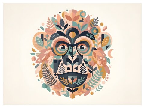 Intricate monkey portrait composed of colorful floral and geometric shapes on a white background