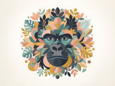 Floral gorilla portrait illustration with leaves and colorful botanical elements