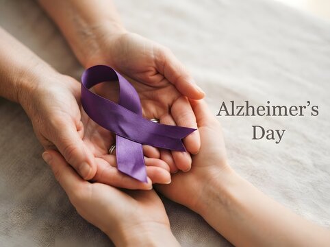 Hands gently holding a purple ribbon representing alzheimers awareness and support