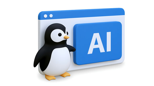 Cute penguin or Spheniscidae next to browser window icon with artificial intelligence text symbol in 3D digital render minimal style