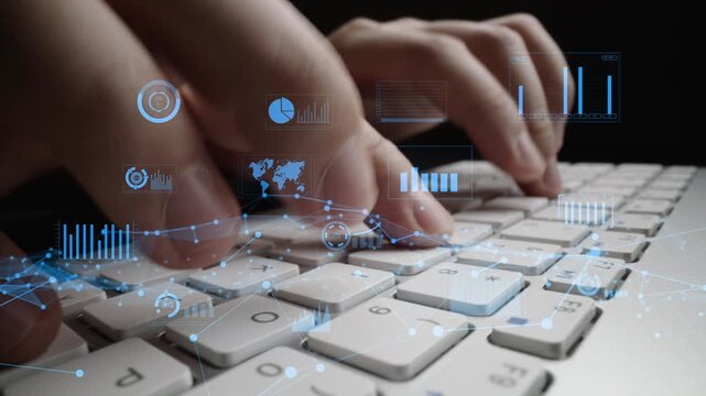 Close-up shot of hands actively typing on a sleek keyboard while data visualizations and graphs overlay the image, illustrating the intersection of technology and analytics. Xenic
