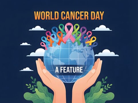 World cancer day illustration with hands cradling a globe and awareness ribbons