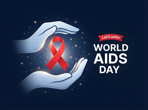World aids day concept with glowing red ribbon held by protective hands on dark background