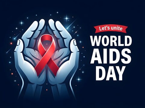 Hands cradling a red ribbon representing support for world aids day awareness
