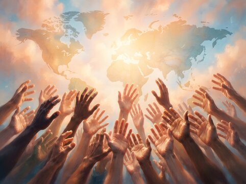 Many hands reaching up toward a bright light in a cloudy sky