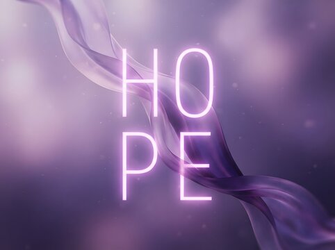Neon glowing word hope on blurred abstract background in shades of purple