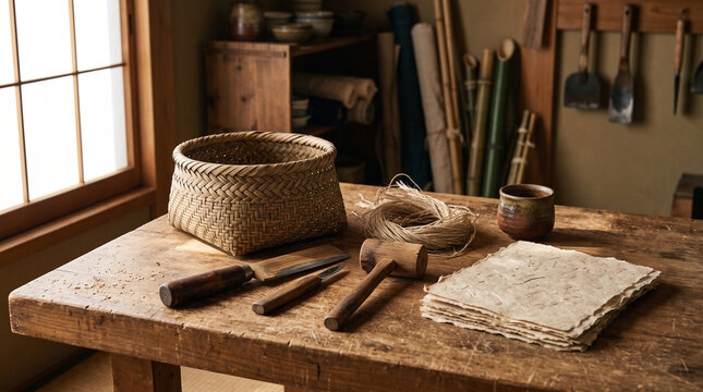 japanese traditional craft still life with bamboo basket handmade paper and tools on workshop table