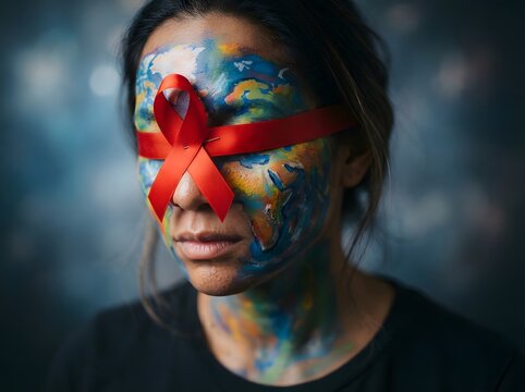 Woman's face covered in vibrant abstract paint with a red flower overlay