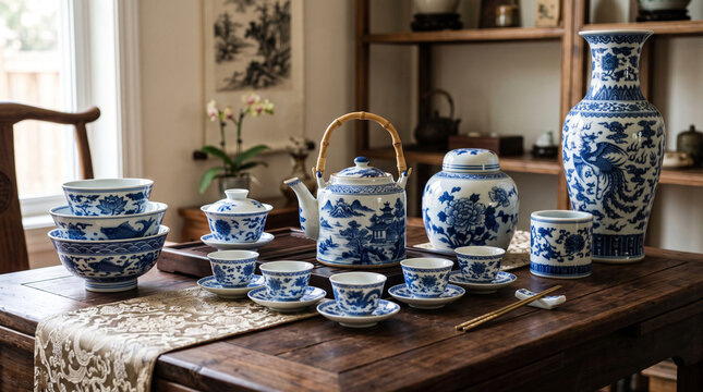 traditional chinese blue and white porcelain tea set and vases on wooden table