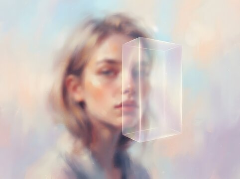 Beautiful young woman with soft focus and pastel colored double exposure effect
