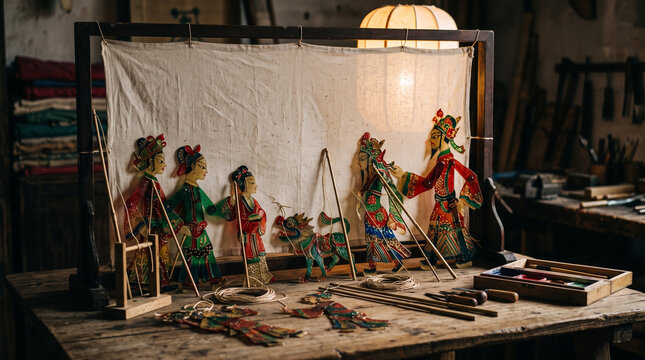 traditional chinese shadow puppets on screen with craft tools and warm lighting in workshop
