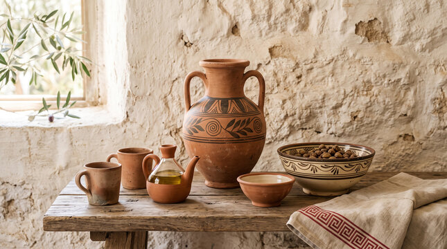traditional greek pottery still life with amphora olive oil jug and bowls on rustic wooden table