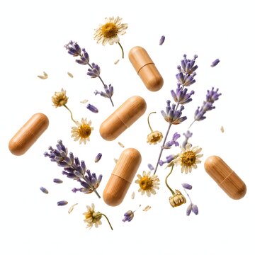 Organic herbal capsules and dried flowers floating mid air isolated