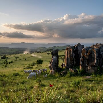 White Fulani Cattle Grazing Near Ancient Rock Formations on Jos Plateau Highlands