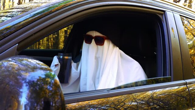 Humorous travel and navigation concept featuring ghostly character drinking coffee or tea from thermos cup attempting to find the correct route during road journey, symbolizing uncertainty exploration