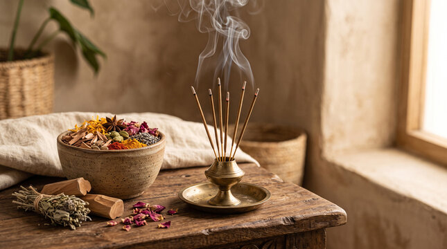 traditional incense burning with fragrant sticks spices and dried herbs in wellness setup on wooden table