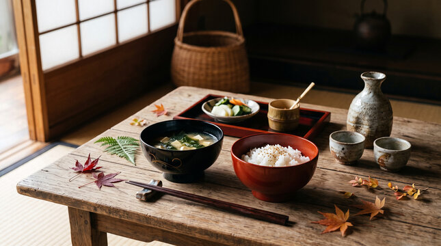 traditional japanese tableware lacquerware and ceramics with rice miso soup and autumn leaves
