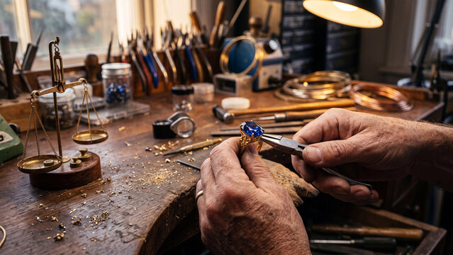 Jeweller setting a saphire stone with pliers at a cluttered workbench