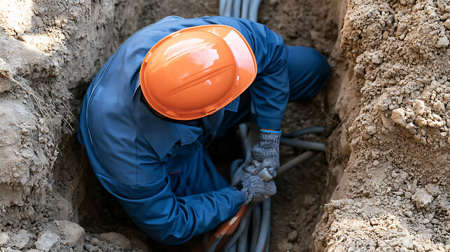 Construction worker in blue uniform and hard hat install underground cables in a deep trench on site, industrial and utility labor