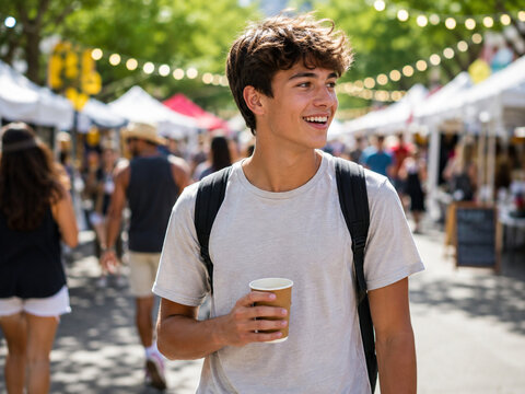 Teenage boy carrying coffee while exploring a lively outdoor summer market, enjoying a casual day among softly blurred stalls and visitors.