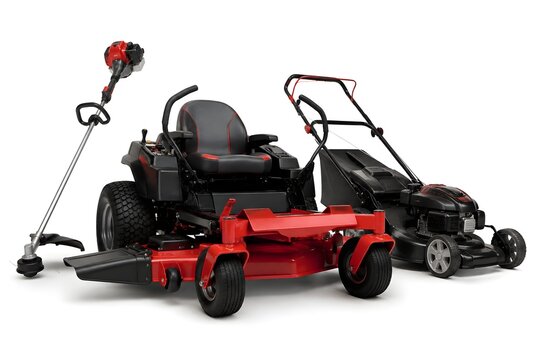Lawn Care Machinery Hero Arrangement with Zero Turn Mower Push Mower and String Trimmer Studio