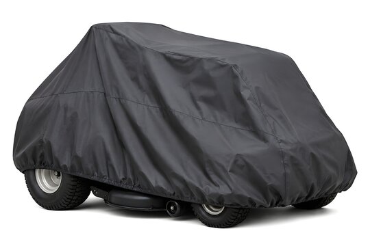 Riding Mower Protective Cover Fitted over Generic Lawn Tractor Shape on Pure White Background Studio