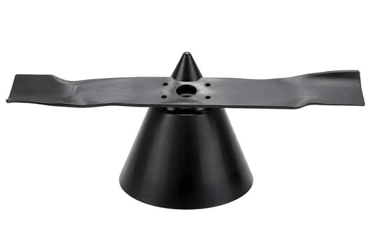 Mower Blade Balancing Cone with Detached Blade Resting Horizontally Isolated on Pure White Background Studio