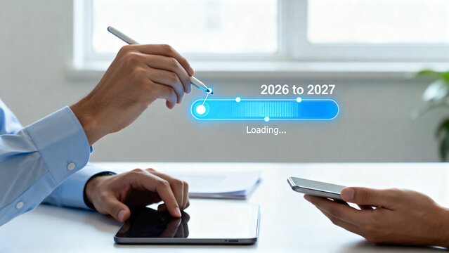 Business Transition from 2026 to 2027 with Digital Progress Loading Bar for Annual Planning Strategic Roadmap Enterprise Transformation Goal Tracking Productivity Improvement and Business Growth