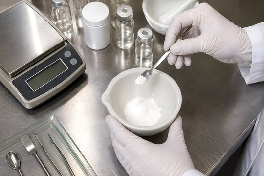 Pharmacist compounding medicine in mortar and pestle with digital scale in laboratory