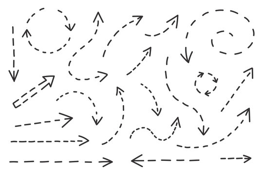 Collection of hand drawn dashed arrows showing winding paths, curves, loops and directional movement, isolated on a warm cream background. Minimal vector doodle elements for navigation and infographic
