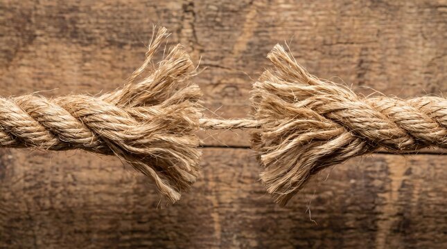 Frayed rope on the verge of snapping, symbolizing stress, weakness, and the breaking point of connections or challenges, against a wooden background