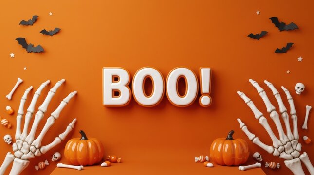 "BOO!" Orange Halloween Background with Skeleton Hands, Pumpkins, and Flying Bats
