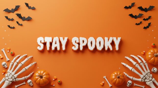 "Stay Spooky" Orange Halloween Background with Skeleton Hands, Pumpkins, and Flying Bats