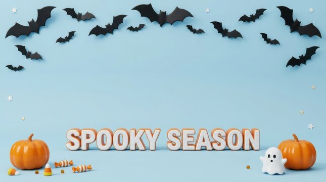 "Spooky Season" Light Blue Halloween Background with Flying Bats, Cute Ghost, and Pumpkins