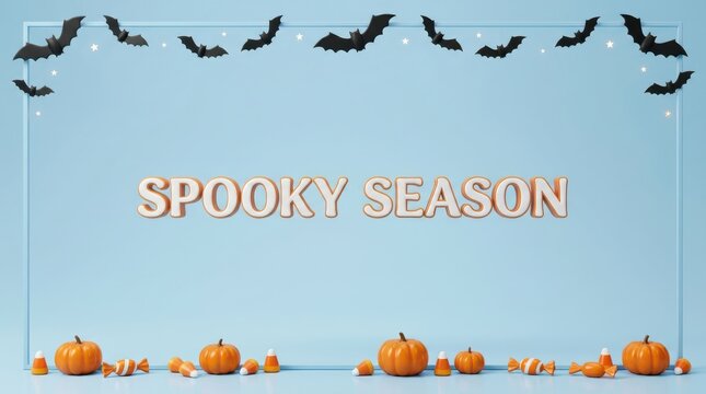"Spooky Season" Minimalist Light Blue Halloween Background with Pumpkins and Bats