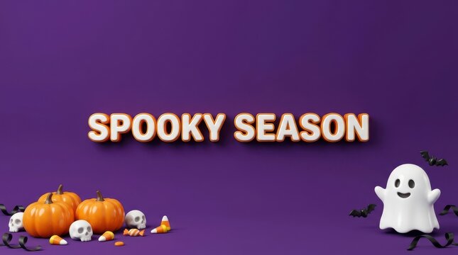 "Spooky Season" Purple Halloween Background with Cute Ghost, Pumpkins, and Skulls