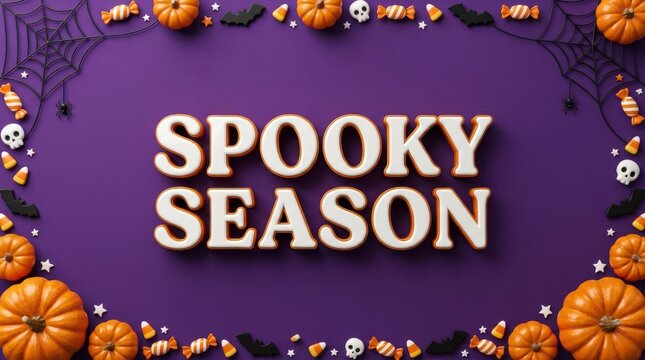 "Spooky Season" Purple Halloween Flat Lay Frame with Pumpkins, Spider Webs, and Skulls