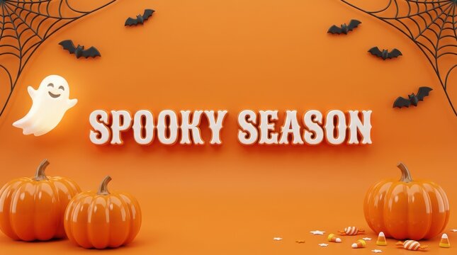 "Spooky Season" Orange Halloween Background with Glowing Ghost, Pumpkins, and Spider Webs
