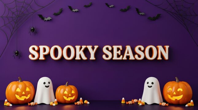 "Spooky Season" Purple Halloween Background with Jack-o'-Lanterns, Ghosts, and Spider Webs